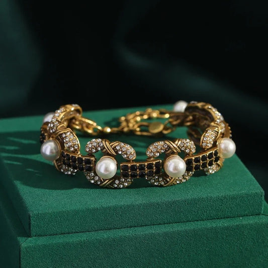 Balvent™ Vintage Pearl Bangle Bracelet with Black Crystals