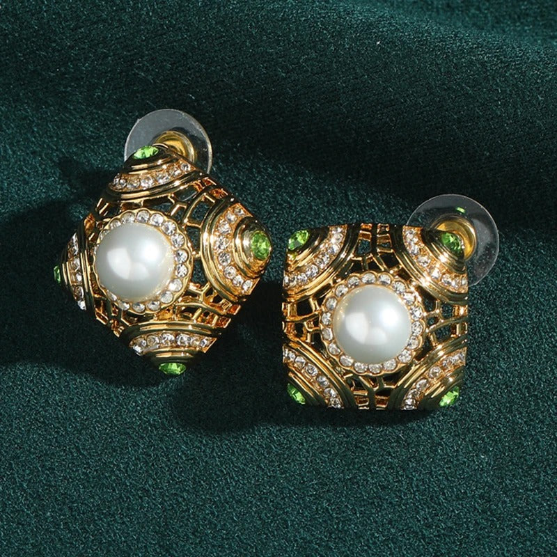 Crivante™ Vintage Green Enamel Pearl Square Earrings