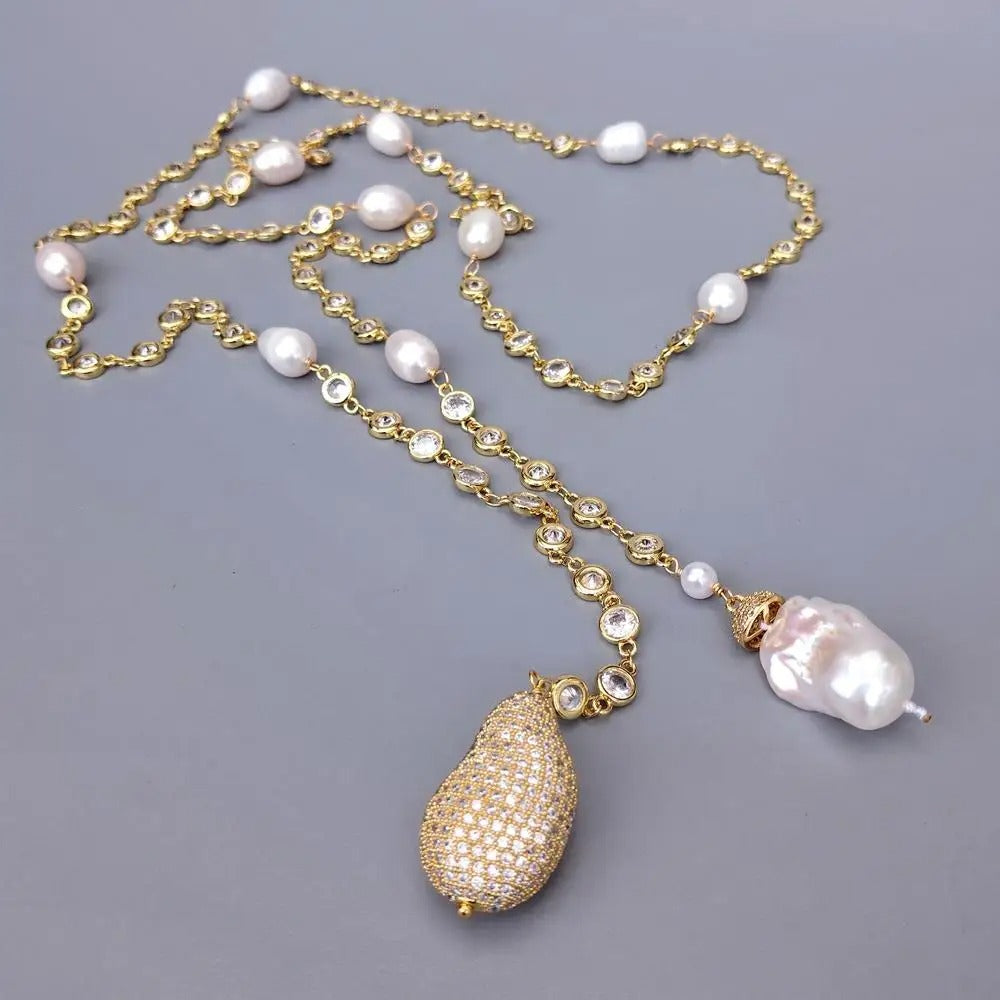Lambront™ White Baroque Pearl CZ Rosary Necklace