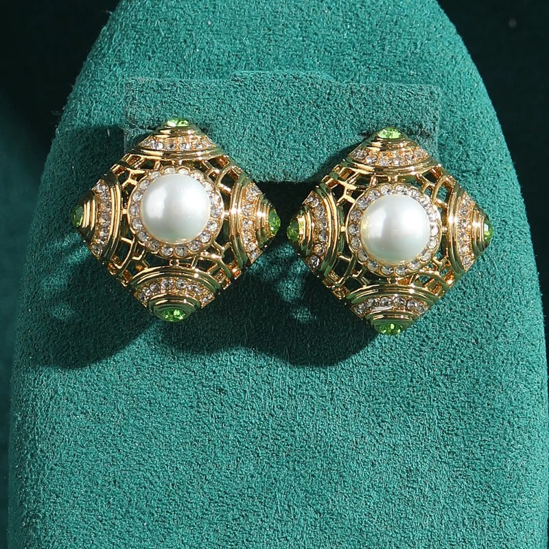 Crivante™ Vintage Green Enamel Pearl Square Earrings