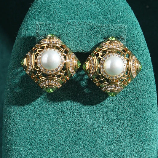 Crivante™ Vintage Green Enamel Pearl Square Earrings