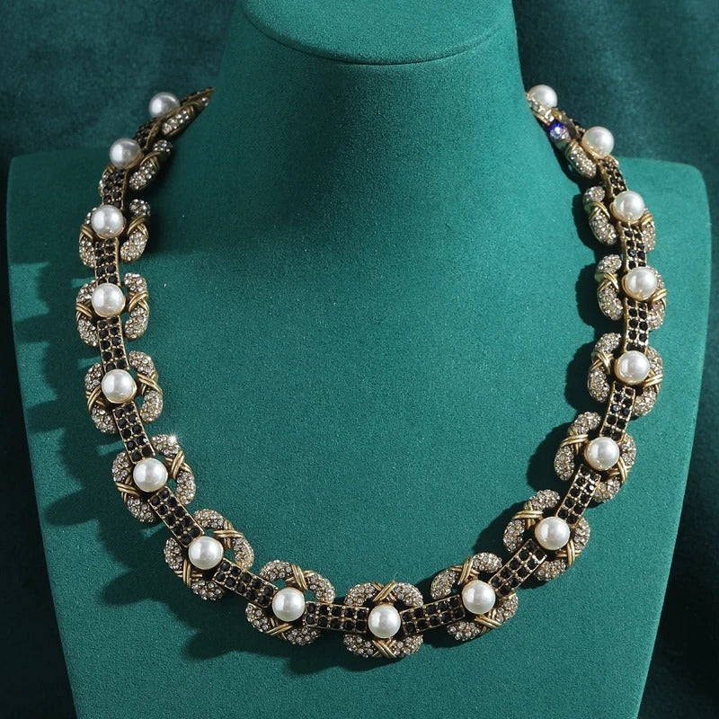 Balvent™ Vintage Pearl & Black Crystal Choker Necklace