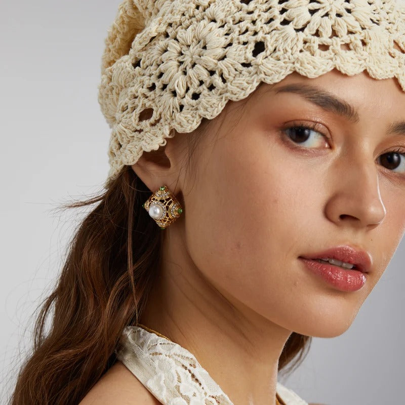 Crivante™ Vintage Green Enamel Pearl Square Earrings