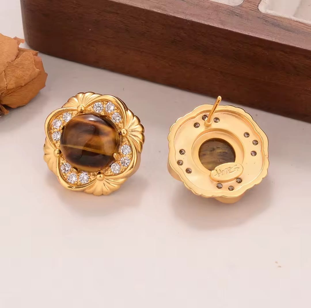 Ilaria™ Gold Flower Tiger Eye & Pearl Zircon Stud Earrings