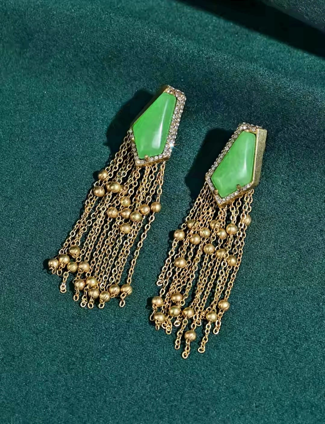 Acsara™ Vintage Green Stone Long Tassel Drop Earrings