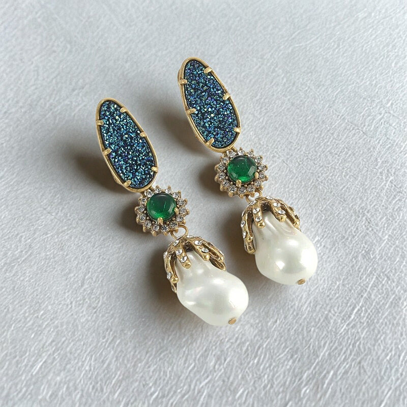 Seraphira™ Vintage Baroque Pearl & Emerald Drop Earrings