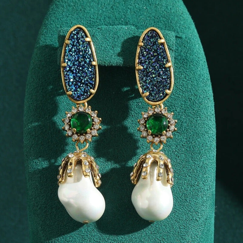 Seraphira™ Vintage Baroque Pearl & Emerald Drop Earrings