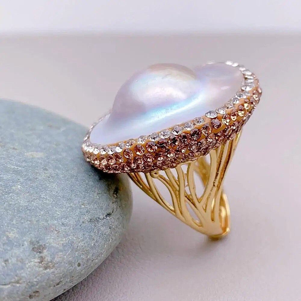 Delysia™ Silver Gray Mabe Pearl Pavé Ring – Adjustable Natural Gemstone Gift for Women