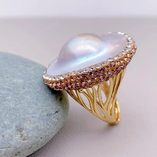 Delysia™ Silver Gray Mabe Pearl Pavé Ring – Adjustable Natural Gemstone Gift for Women