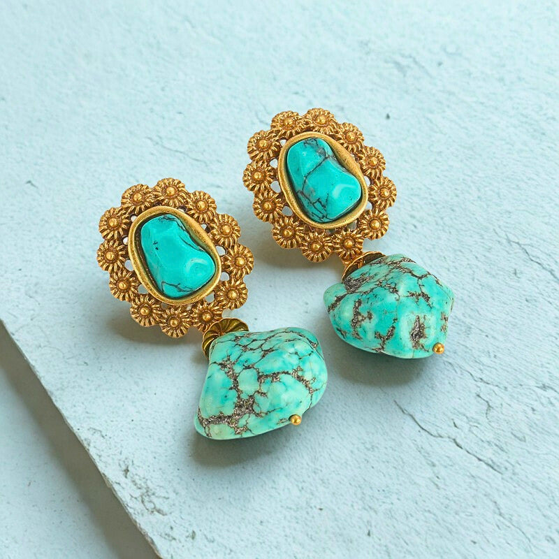 Dorella™ Vintage Floral Blue Stone Drop Earrings – Antique Gold Charm