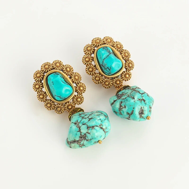 Dorella™ Vintage Floral Blue Stone Drop Earrings – Antique Gold Charm