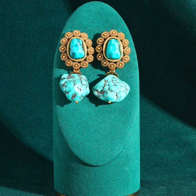 Dorella™ Vintage Floral Blue Stone Drop Earrings – Antique Gold Charm