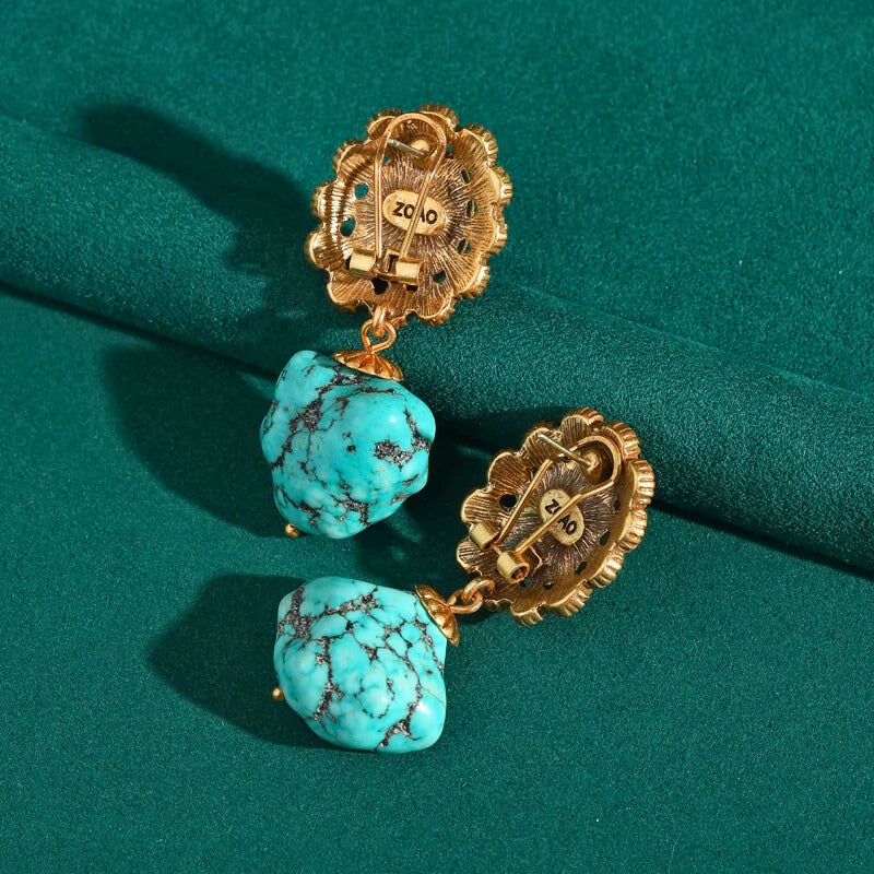 Dorella™ Vintage Floral Blue Stone Drop Earrings – Antique Gold Charm
