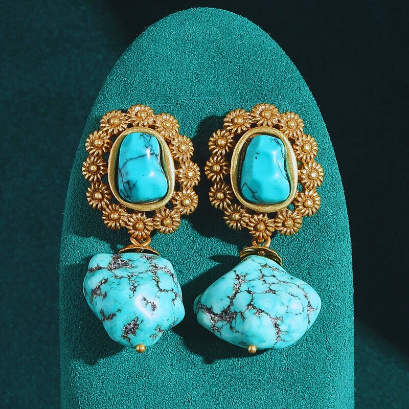 Dorella™ Vintage Floral Blue Stone Drop Earrings – Antique Gold Charm