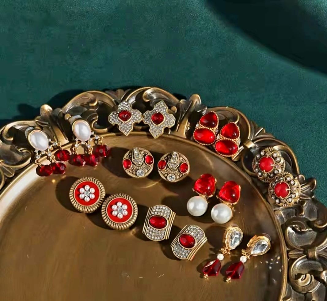 Aelia™ Vintage Red Pearl Floral Zircon Stud Earrings