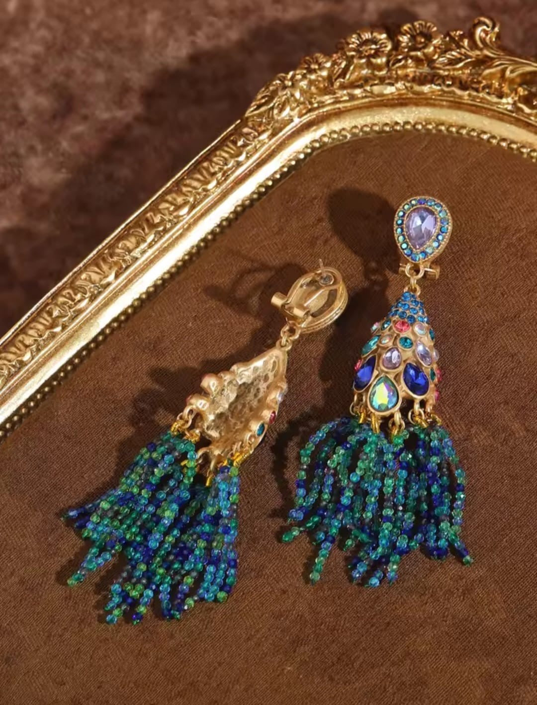 April™ Vintage Blue Pearl Tassel Peacock Crystal Earrings