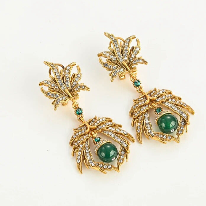 Helissia™ Vintage Leaf & Green Stone Drop Earrings