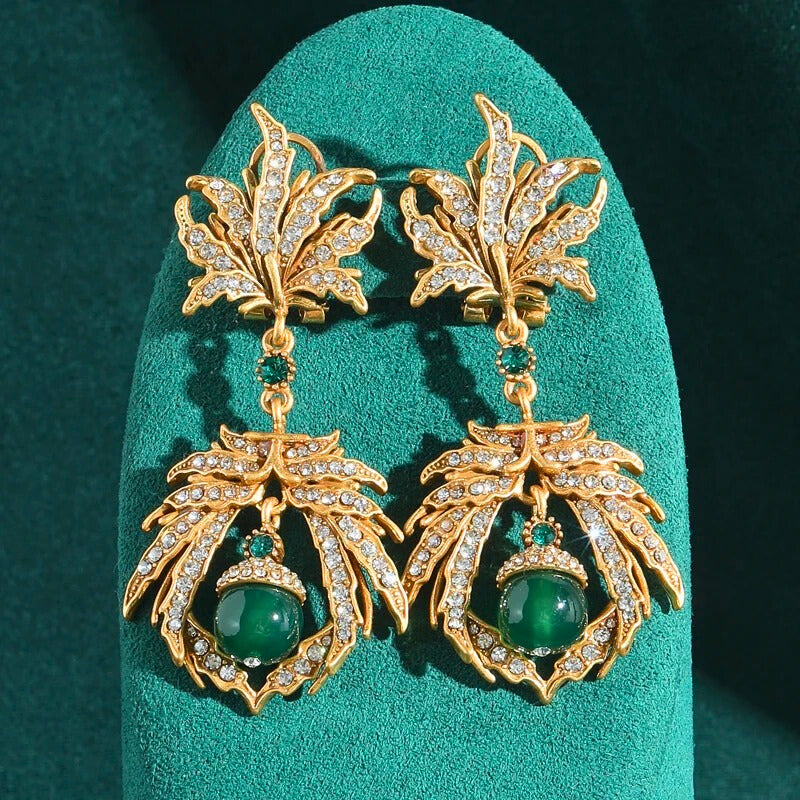 Helissia™ Vintage Leaf & Green Stone Drop Earrings