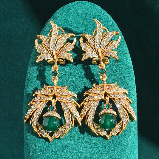 Helissia™ Vintage Leaf & Green Stone Drop Earrings