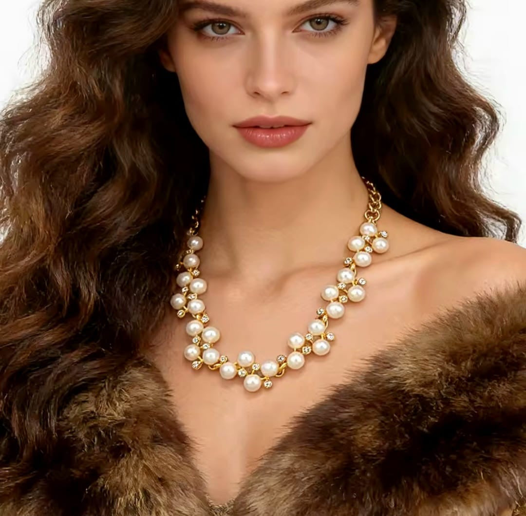 Crystalina™ Romantic Pearl & Crystal Cluster Gold Necklace