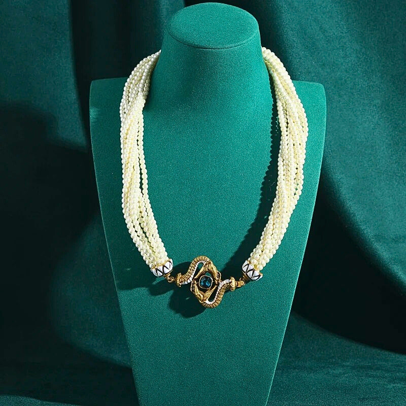 Lunavine™ Antique Gold Snake Pendant Pearl Necklace