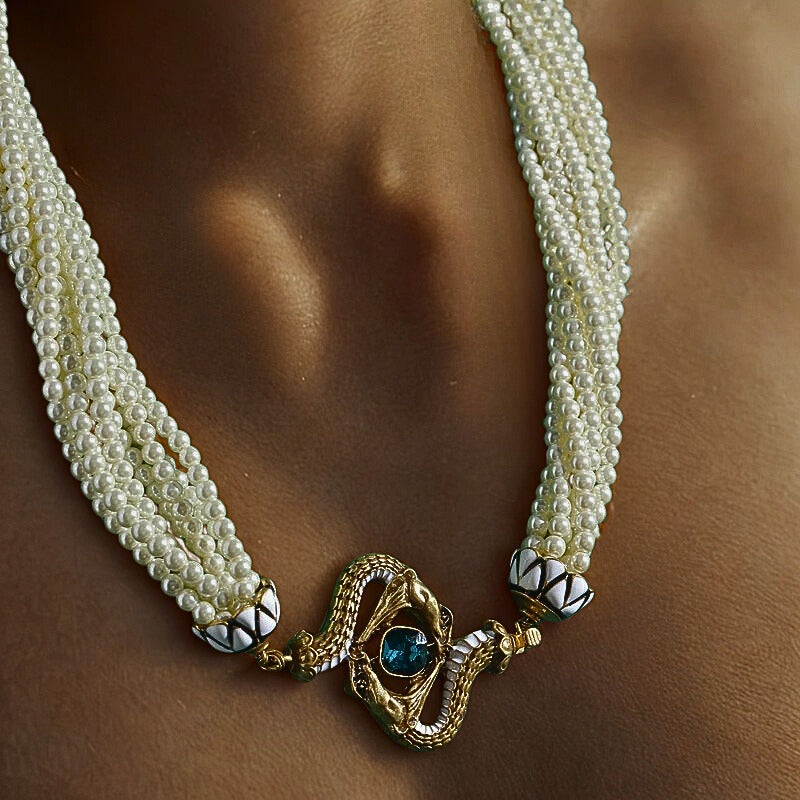 Lunavine™ Antique Gold Snake Pendant Pearl Necklace