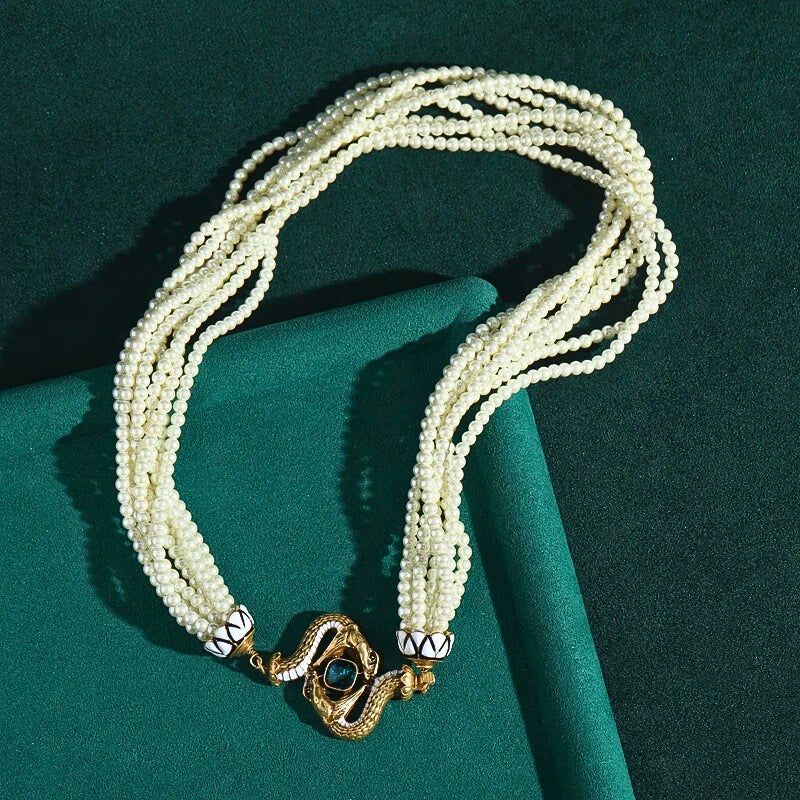 Lunavine™ Antique Gold Snake Pendant Pearl Necklace
