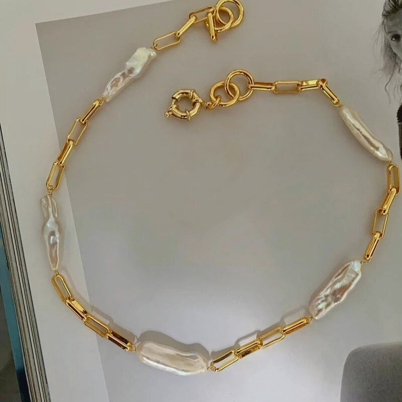 Meloura™ Baroque Pearl Link Necklace – Bold Punk-Inspired Elegance