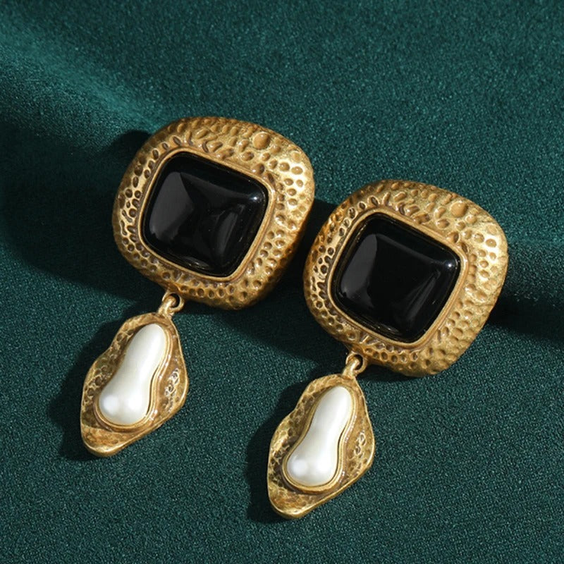 Elleinore™ Vintage Black Agate Pearl Drop Earrings