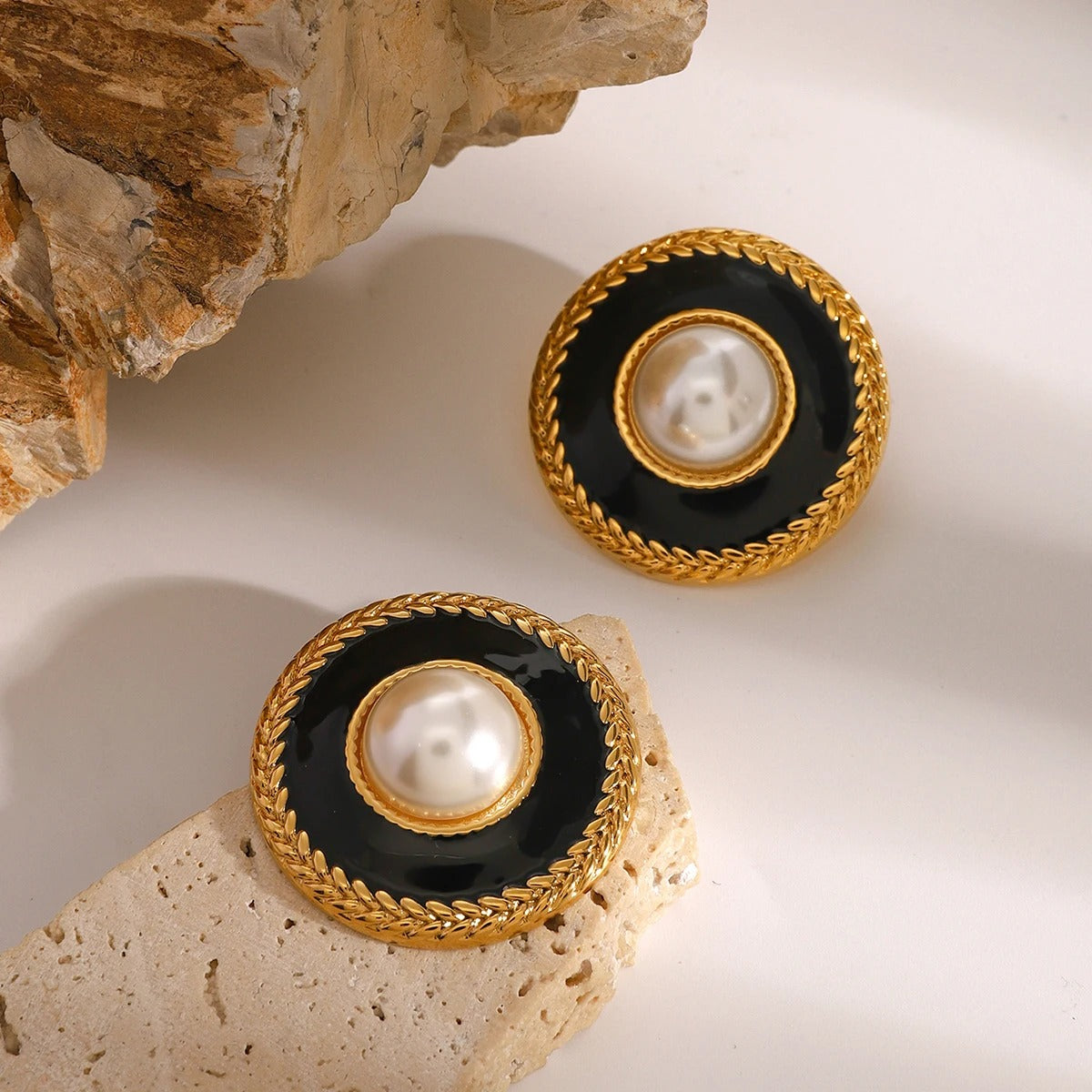 Adoria™ Gold Pearl Black Circle Stud Earrings