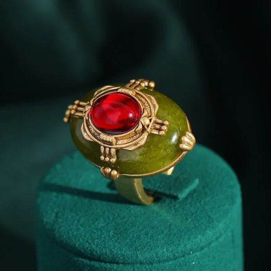Amélisse™ Vintage Green Enamel Red Oval Glass Ring