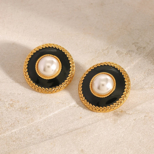 Adoria™ Gold Pearl Black Circle Stud Earrings
