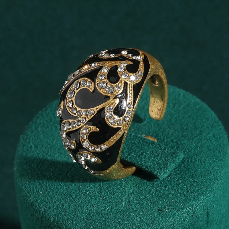 Floravine™ Vintage Black Enamel Engagement Ring – Adjustable Gold-Tone Luxury Jewelry