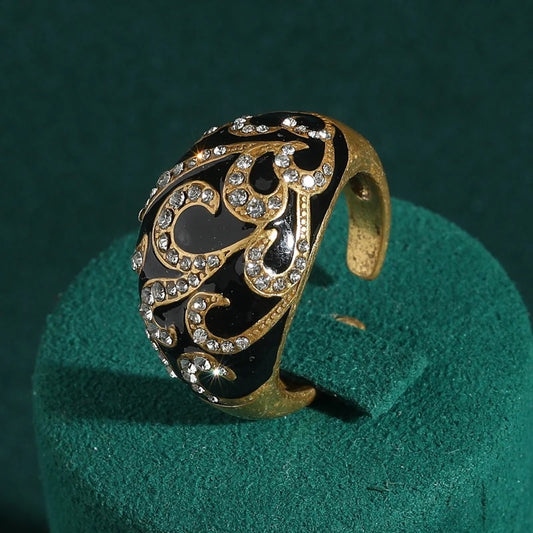 Floravine™ Vintage Black Enamel Engagement Ring – Adjustable Gold-Tone Luxury Jewelry