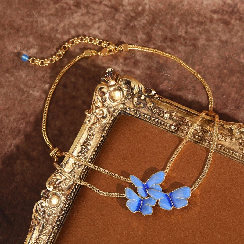 Buravia™ Vintage Blue Enamel Butterfly Pendant Necklace