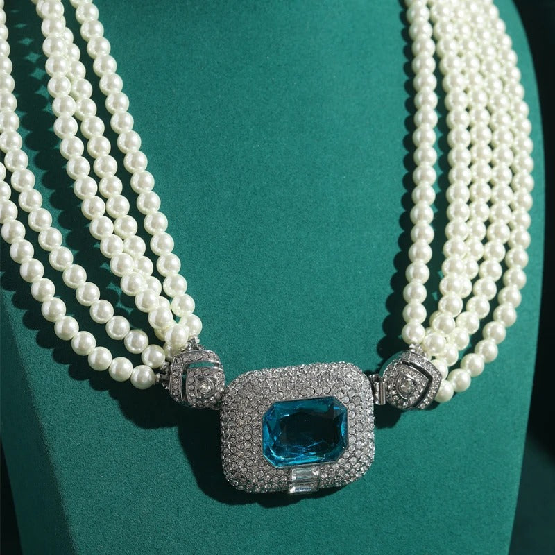 Agathe™ Vintage Blue Crystal Pearl Layered Necklace