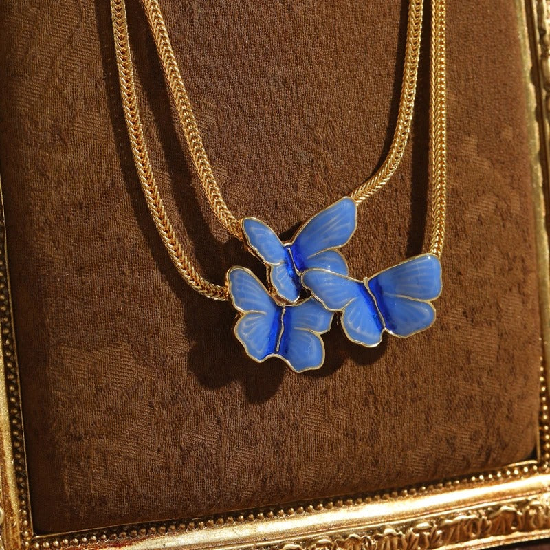 Buravia™ Vintage Blue Enamel Butterfly Pendant Necklace