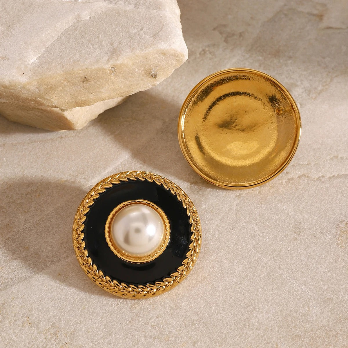 Adoria™ Gold Pearl Black Circle Stud Earrings