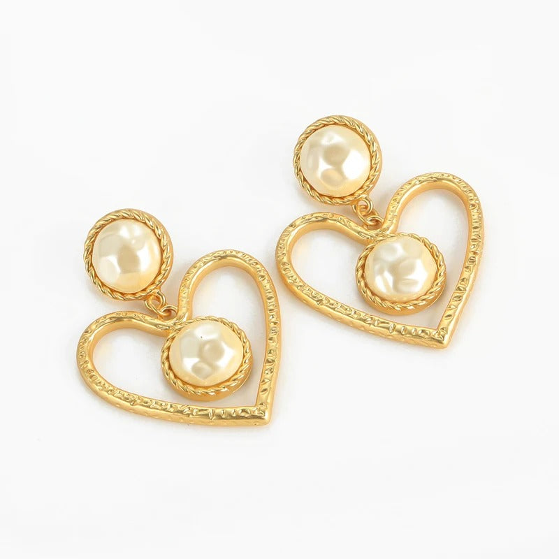 Ahrelia™ Vintage Gold Pearl Heart Drop Earrings