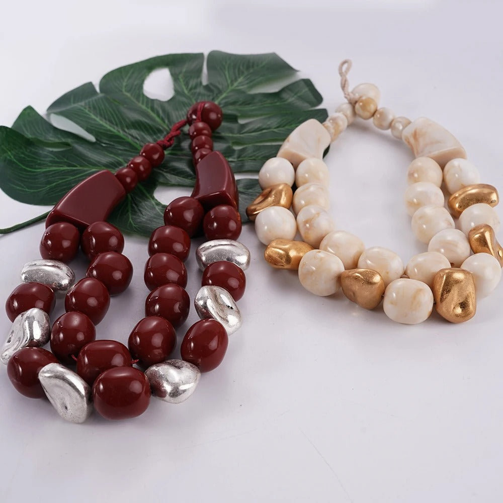 Calvoria™ Burgundy & Silver Chunky Layered Statement Necklace