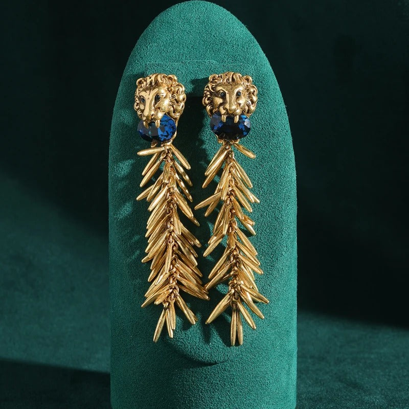 Emily™ Vintage Blue Glass Lion Tassel Drop Earrings