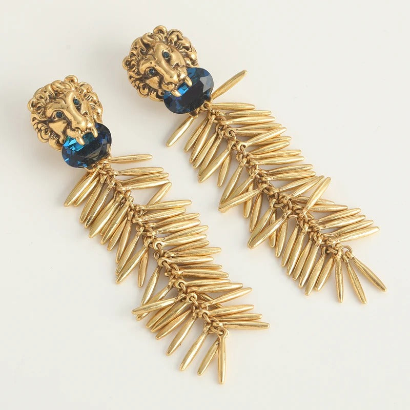 Emily™ Vintage Blue Glass Lion Tassel Drop Earrings