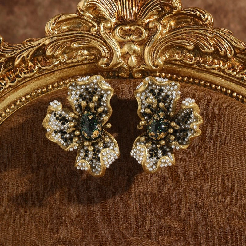 Bivoria™ Vintage Green Opal Pearl Flower Stud Earrings