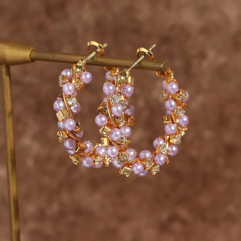 Apearloura™ Vintage Pink Pearl Floral Hoop Earrings