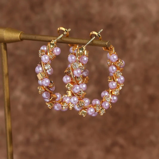 Apearloura™ Vintage Pink Pearl Floral Hoop Earrings