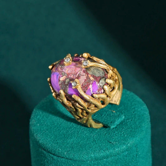Oryvette™ Vintage Purple Stone Ring – Adjustable Botanical-Inspired Gold Statement