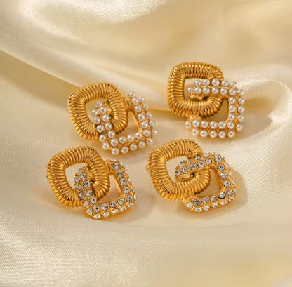 Hilaria™ Vintage Geometric Square Pearl Zircon Stud Earrings
