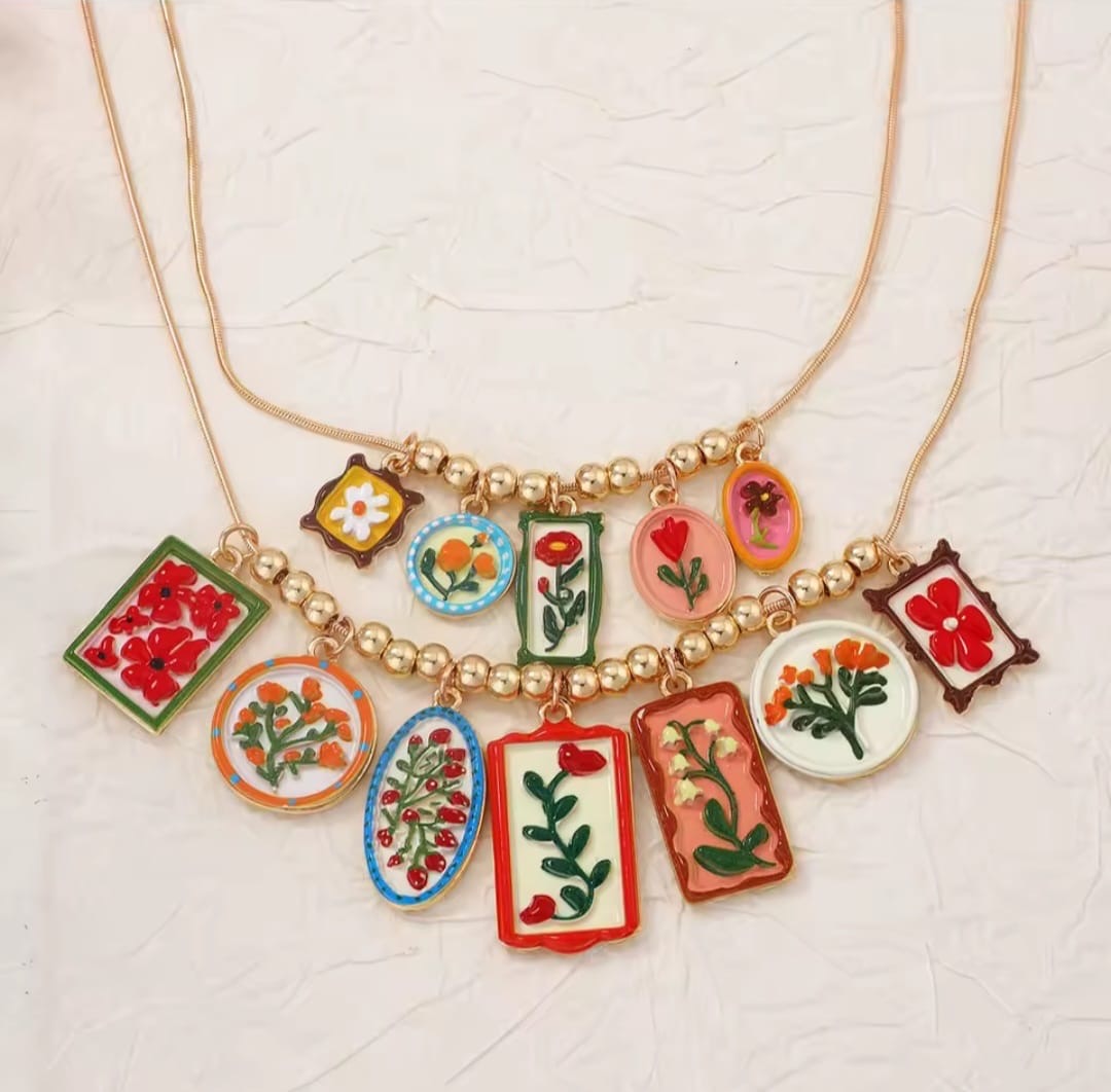 Kornisa™ Colorful Floral Enamel Geometric Pendant Necklace