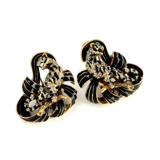 Ciara™ Vintage Black Enamel Leopard Bow Earrings
