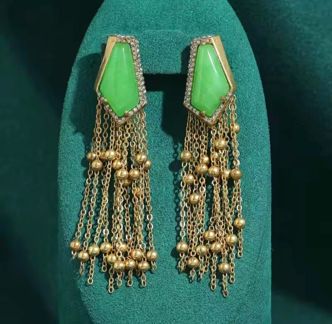 Acsara™ Vintage Green Stone Long Tassel Drop Earrings